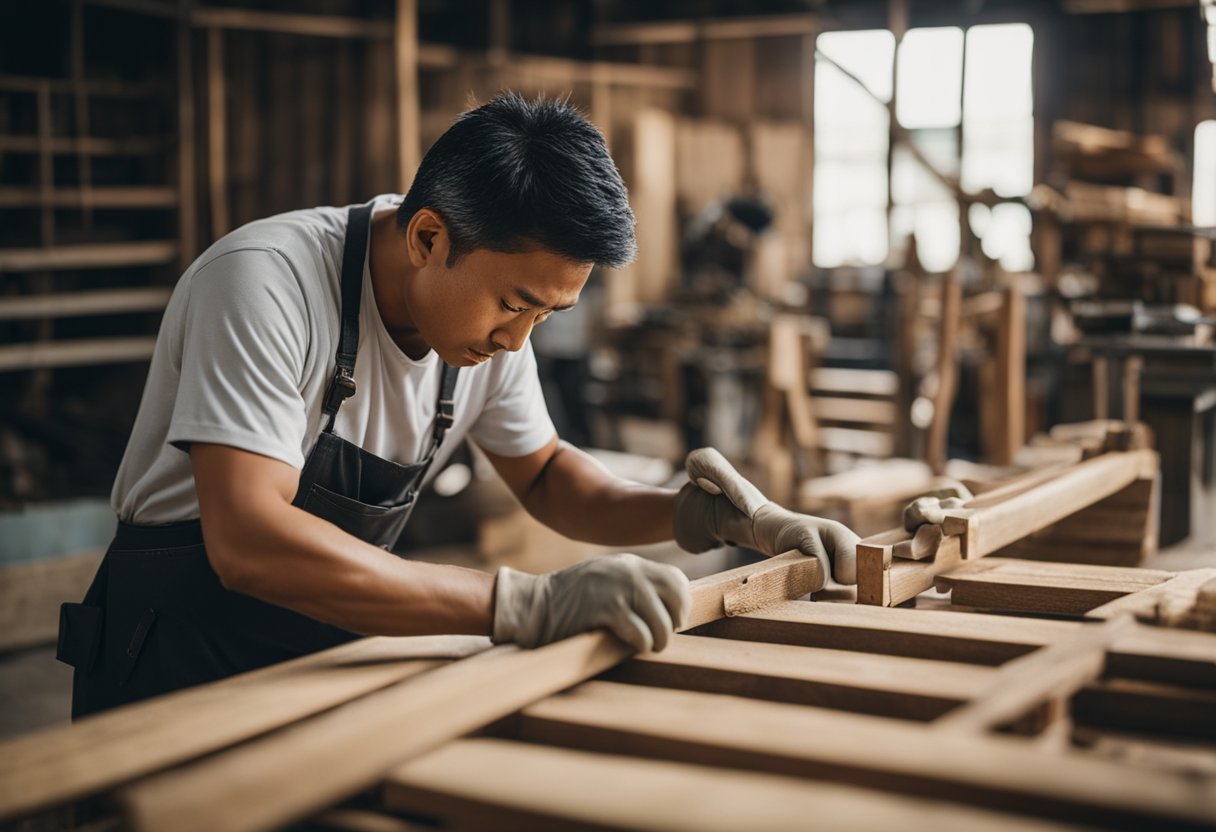 A carpenter in Singapore meticulously builds and repairs a ship's wooden structure, surrounded by tools, planks, and sawdust