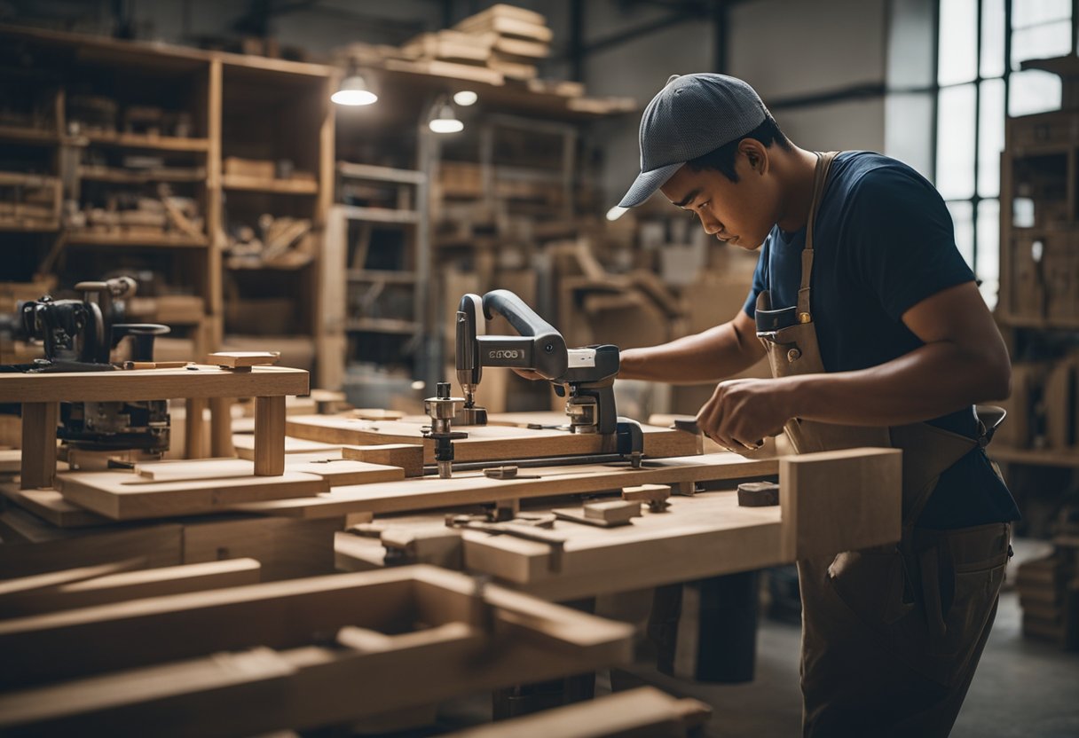 A carpenter in Singapore works on various furniture pieces, surrounded by tools and materials in a well-lit workshop