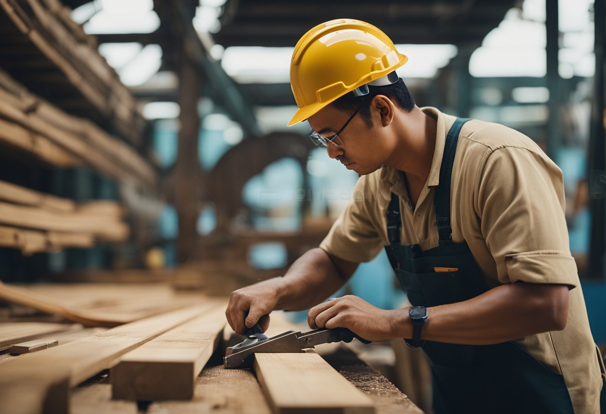 A carpenter carefully measures and cuts wood aboard a ship in Singapore, surrounded by tools and sawdust