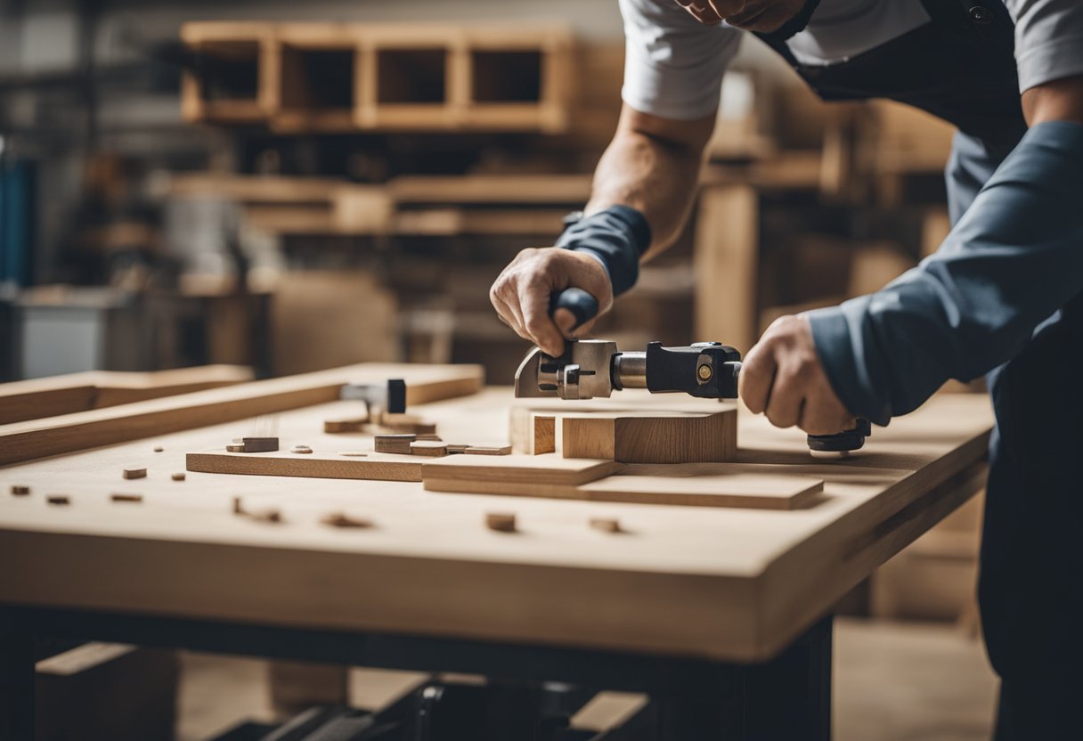 A skilled carpenter meticulously constructs custom furniture in a well-equipped workshop, surrounded by high-quality materials and precision tools