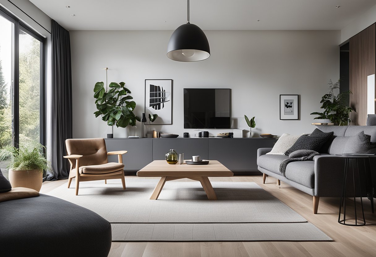 A modern living room with sleek, minimalist Scandinavian furniture arranged in a spacious and well-lit setting, showcasing clean lines and natural materials