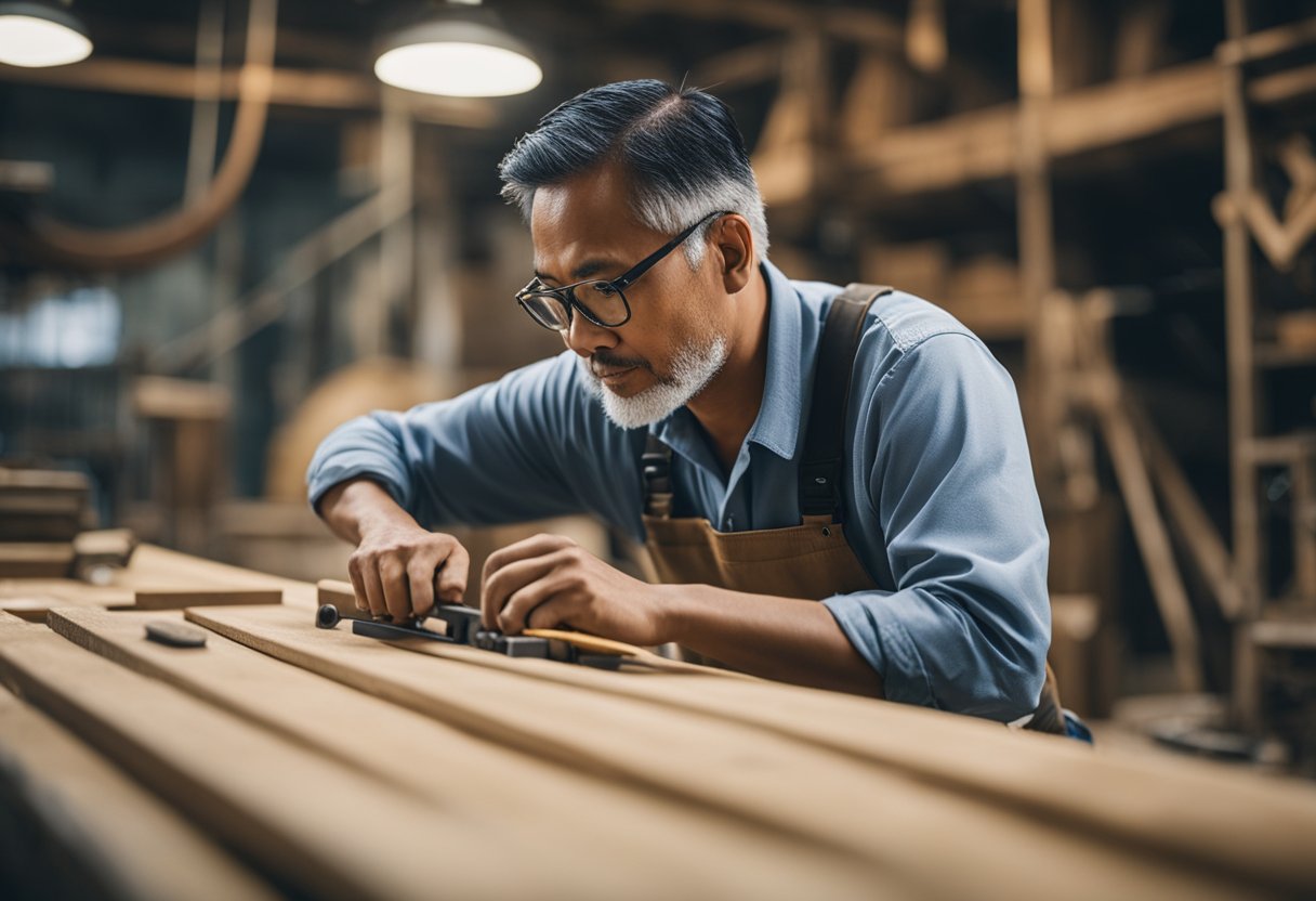A carpenter in Singapore carefully crafting a ship's wooden hull, surrounded by tools and materials