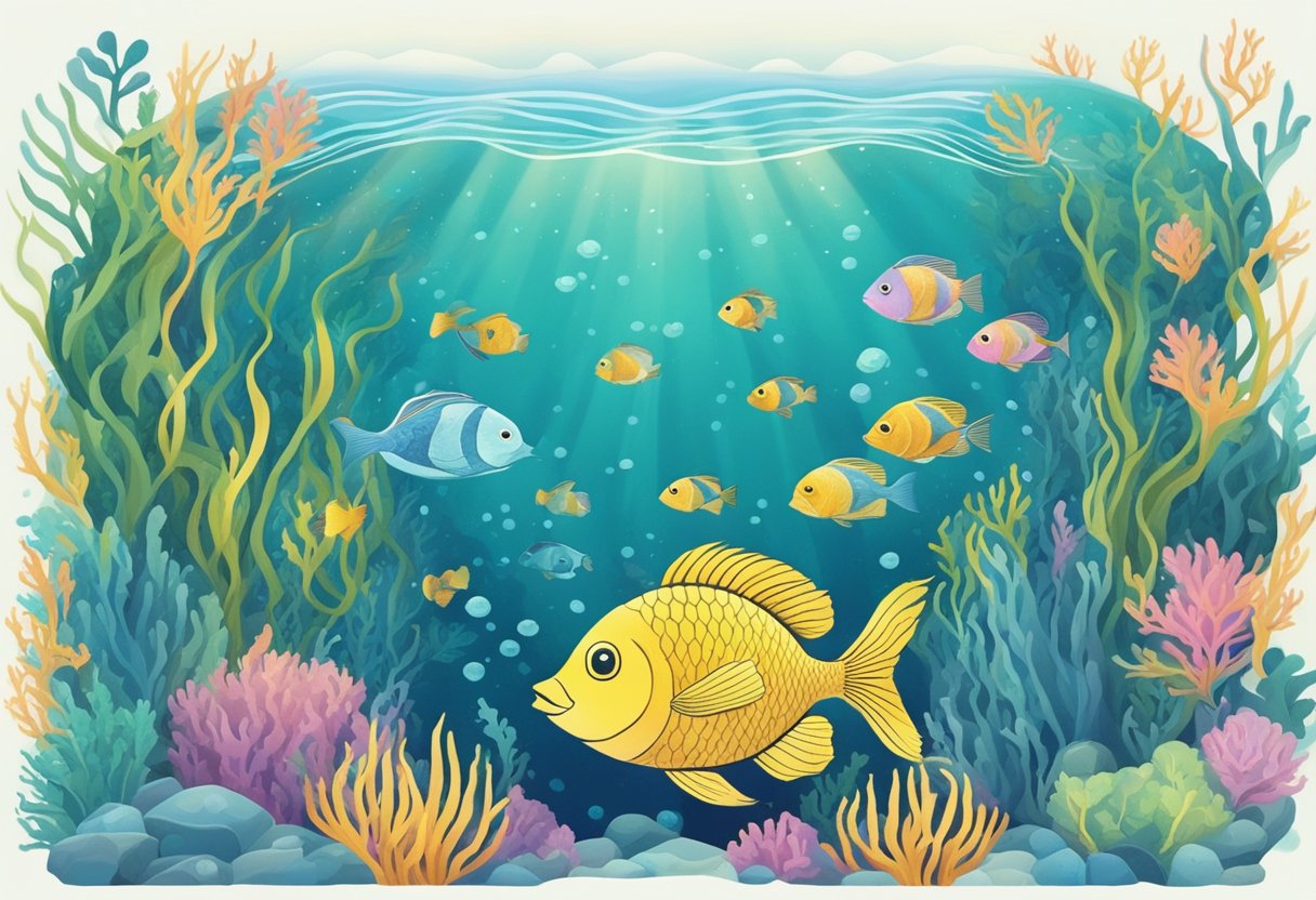 A serene underwater landscape with gentle waves, colorful fish, and floating seaweed, representing the Pisces zodiac sign for a baby name book illustration