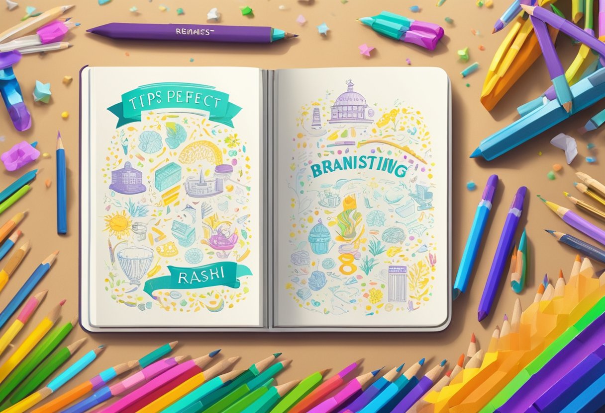 A notebook with "Tips For Brainstorming The Perfect Name" and "meen rashi pisces baby names" written on it, surrounded by colorful pens and pencils