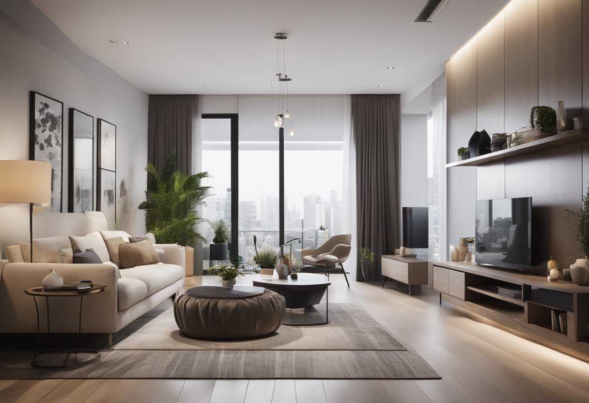 A spacious living room with modern furniture, a cozy bedroom with a large bed, a sleek kitchen with built-in appliances, and a stylish bathroom with a walk-in shower