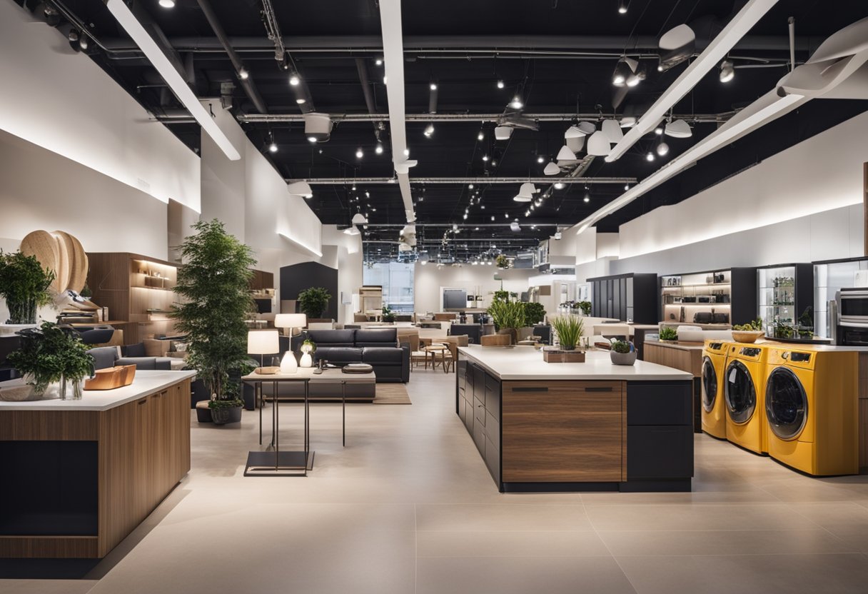 Customers browse furniture, appliances, and decor in a spacious, well-lit showroom. Friendly staff assist with inquiries. Modern, comfortable atmosphere