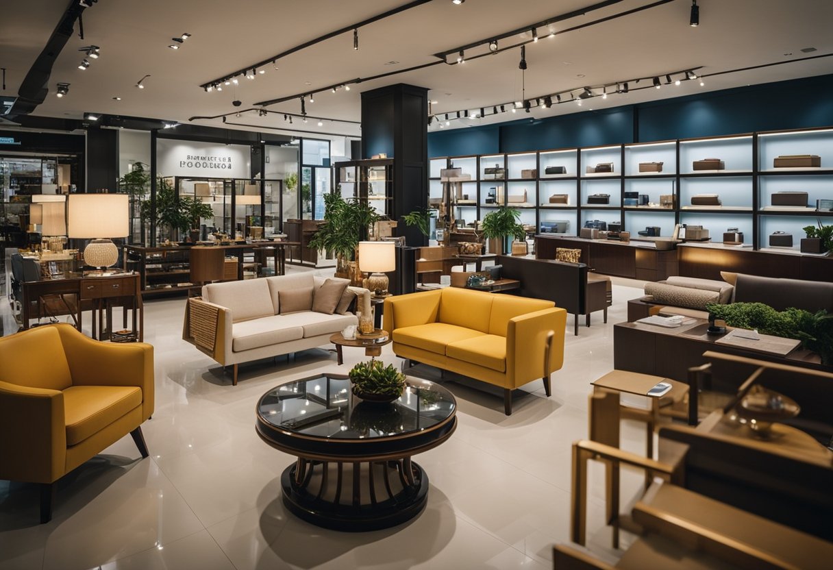 The bustling showroom of Soon Seng Heng Furniture Co in Singapore, with customers browsing and staff assisting. Displays of modern and traditional furniture fill the space