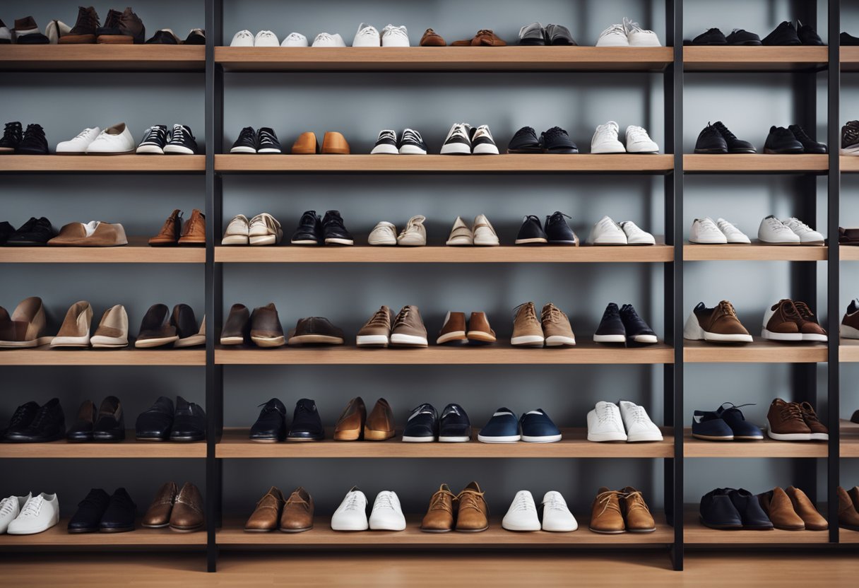 A modern shoe rack stands against a clean, minimalist backdrop. Shoes are neatly organized, showcasing the rack's functionality and style