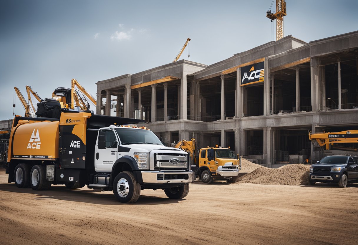 A bustling construction site with Ace Renovation Services logo prominently displayed on equipment and vehicles