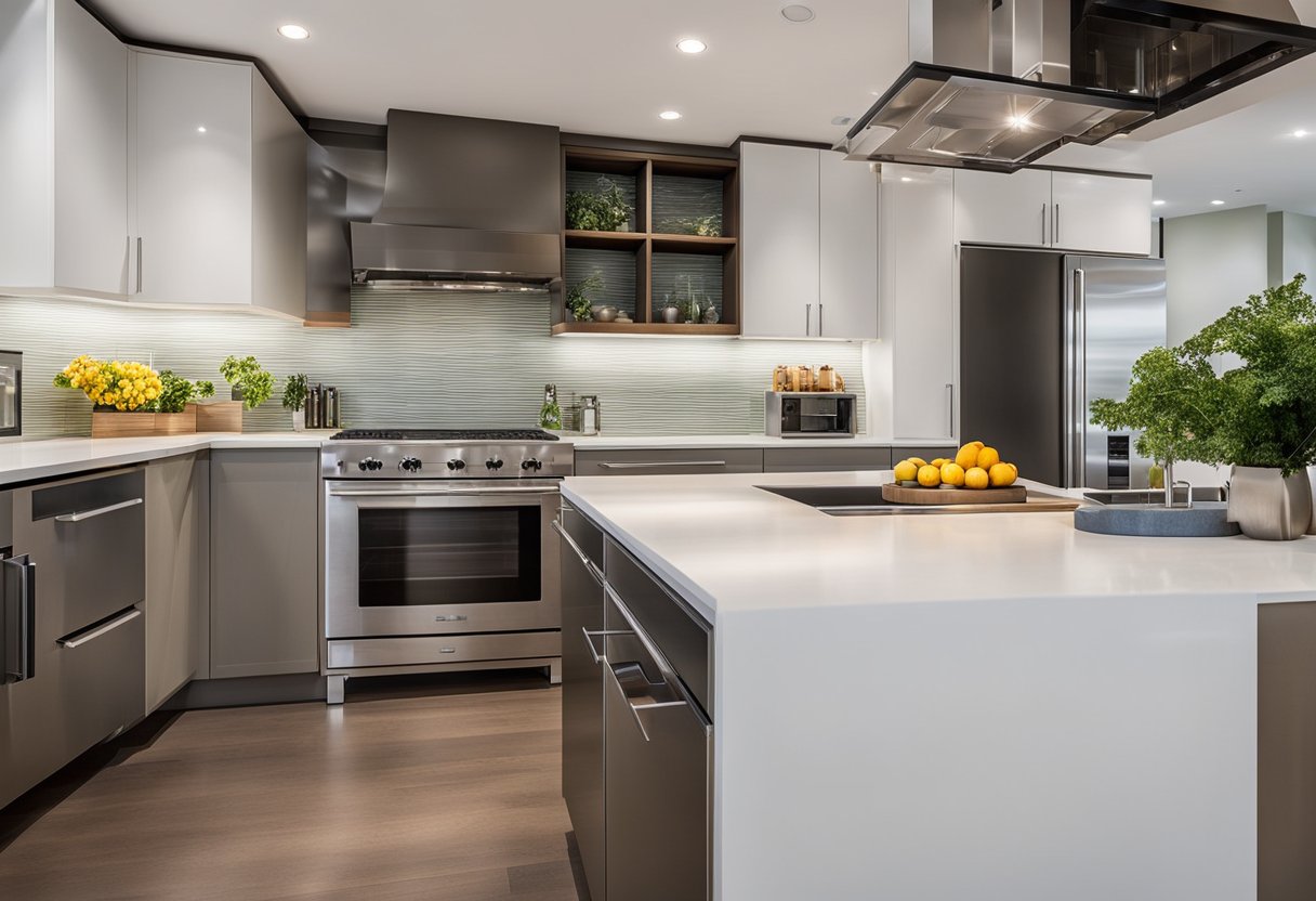 A modern kitchen with sleek countertops and vibrant backsplash. Clean lines and bright lighting showcase Ace's renovation and design expertise