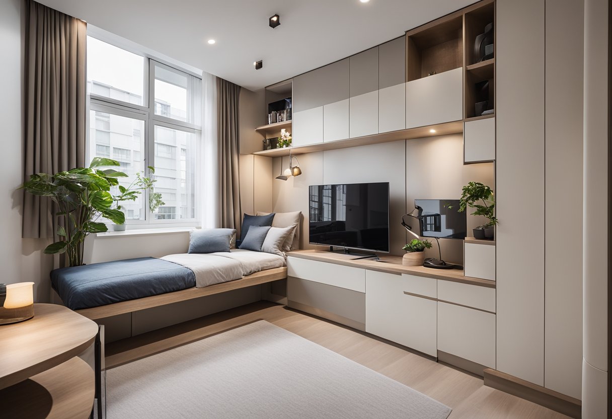 A small 4-room BTO flat with clever space-saving solutions. Minimalist furniture, built-in storage, and neutral colors create a spacious and budget-friendly design