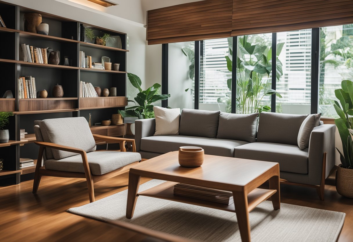 A cozy living room with teak furniture in Singapore, featuring a teakwood coffee table, a bookshelf, and a comfortable armchair