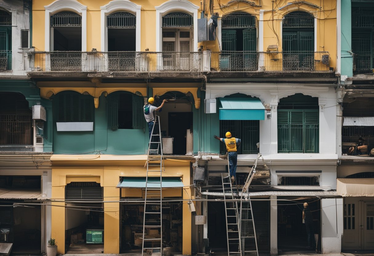 A shophouse being renovated with workers painting, repairing, and installing new fixtures