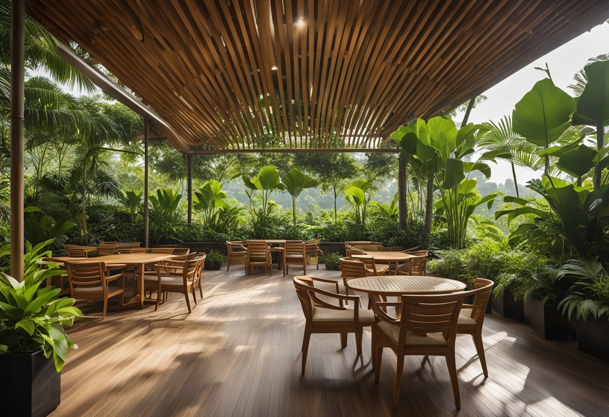 A sunny outdoor patio in Singapore showcases a stunning array of teak furniture, including tables, chairs, and loungers, surrounded by lush greenery
