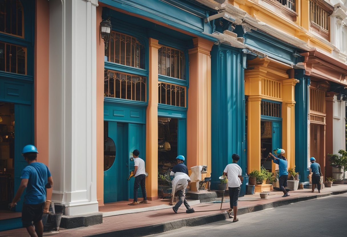 The shophouse renovation is underway, with workers painting the exterior and installing new windows. The interior is being transformed with modern fixtures and vibrant colors, creating a welcoming space for customers