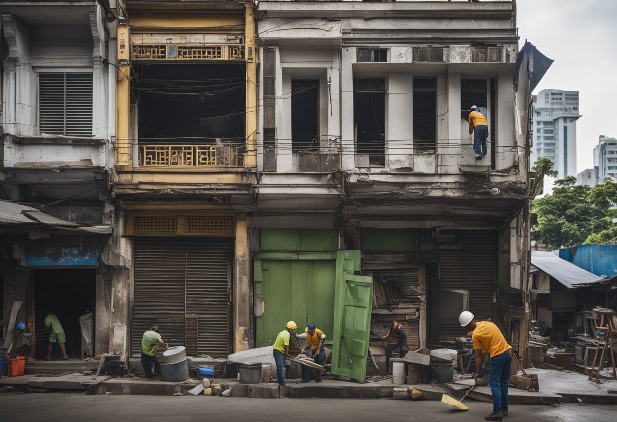 A shophouse being renovated, with workers painting, hammering, and installing new fixtures. Dust and debris are scattered around the area