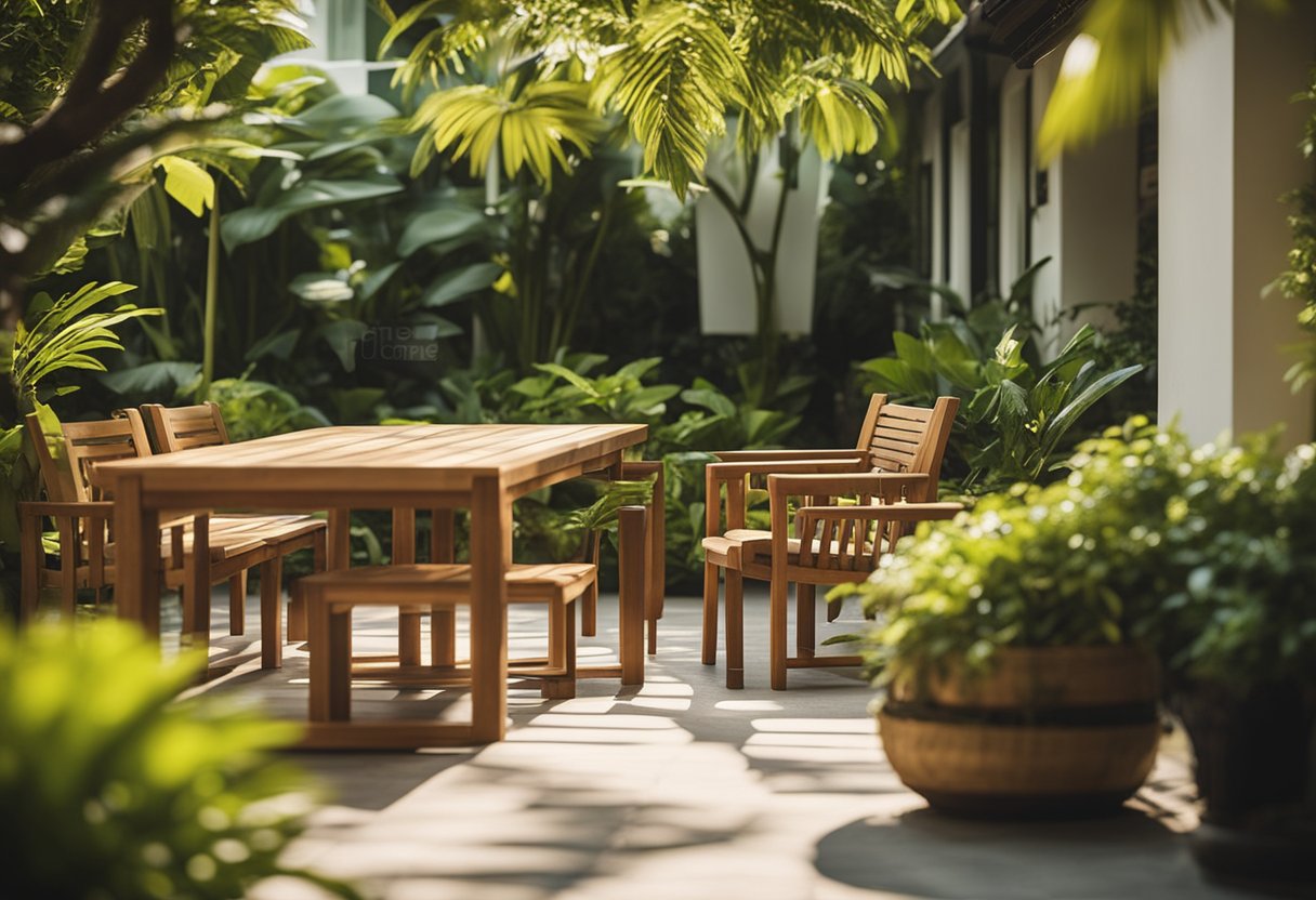A cozy outdoor setting with teak furniture, surrounded by lush greenery and warm sunlight, with a sign reading "Frequently Asked Questions teak furniture singapore" in the background