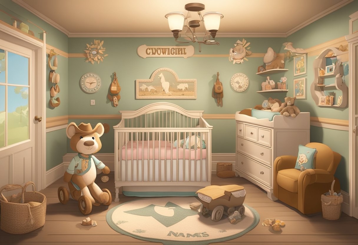 A baby girl in a cowgirl-themed nursery, surrounded by western-inspired decor and toys, with a sign reading "Cowgirl Names" on the wall