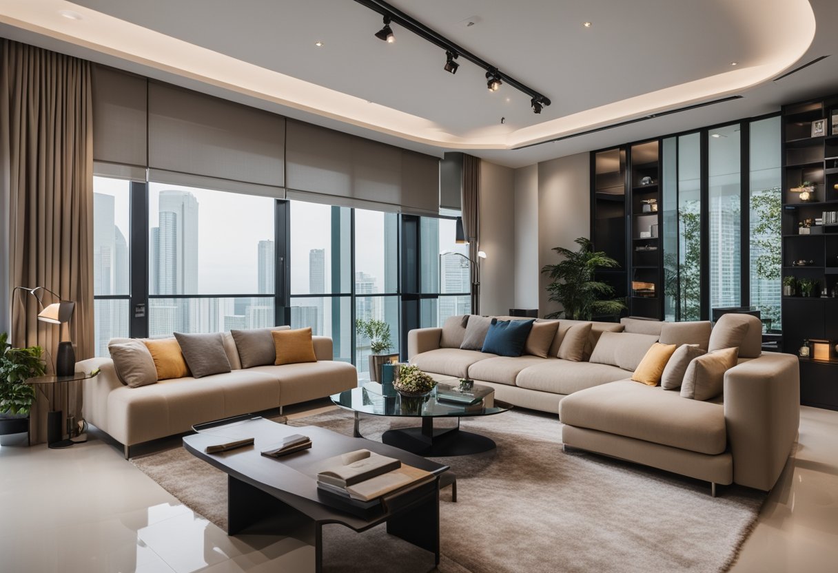 A modern living room with sleek, high-quality furniture in Singapore. Clean lines, neutral colors, and a cozy atmosphere