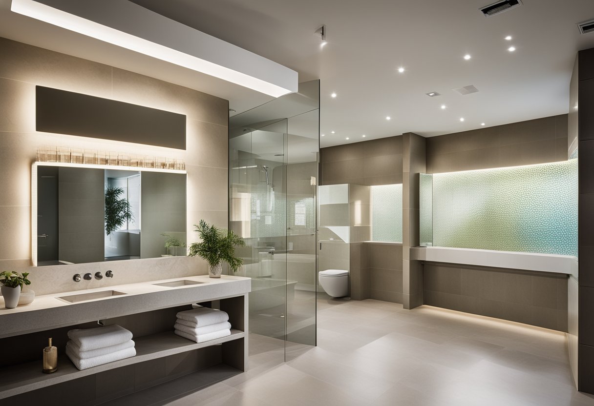 A bathroom with various design options displayed on the walls, including tiles, fixtures, and color swatches. A large sign reads "Frequently Asked Questions" above the display