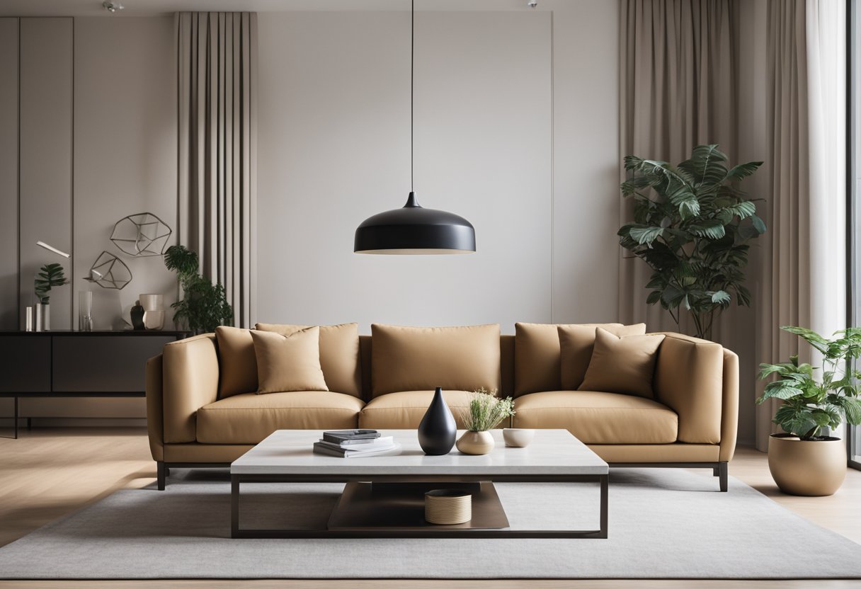 A modern, minimalist living room with sleek, stylish furniture in Singapore. Clean lines, neutral colors, and a sense of sophistication
