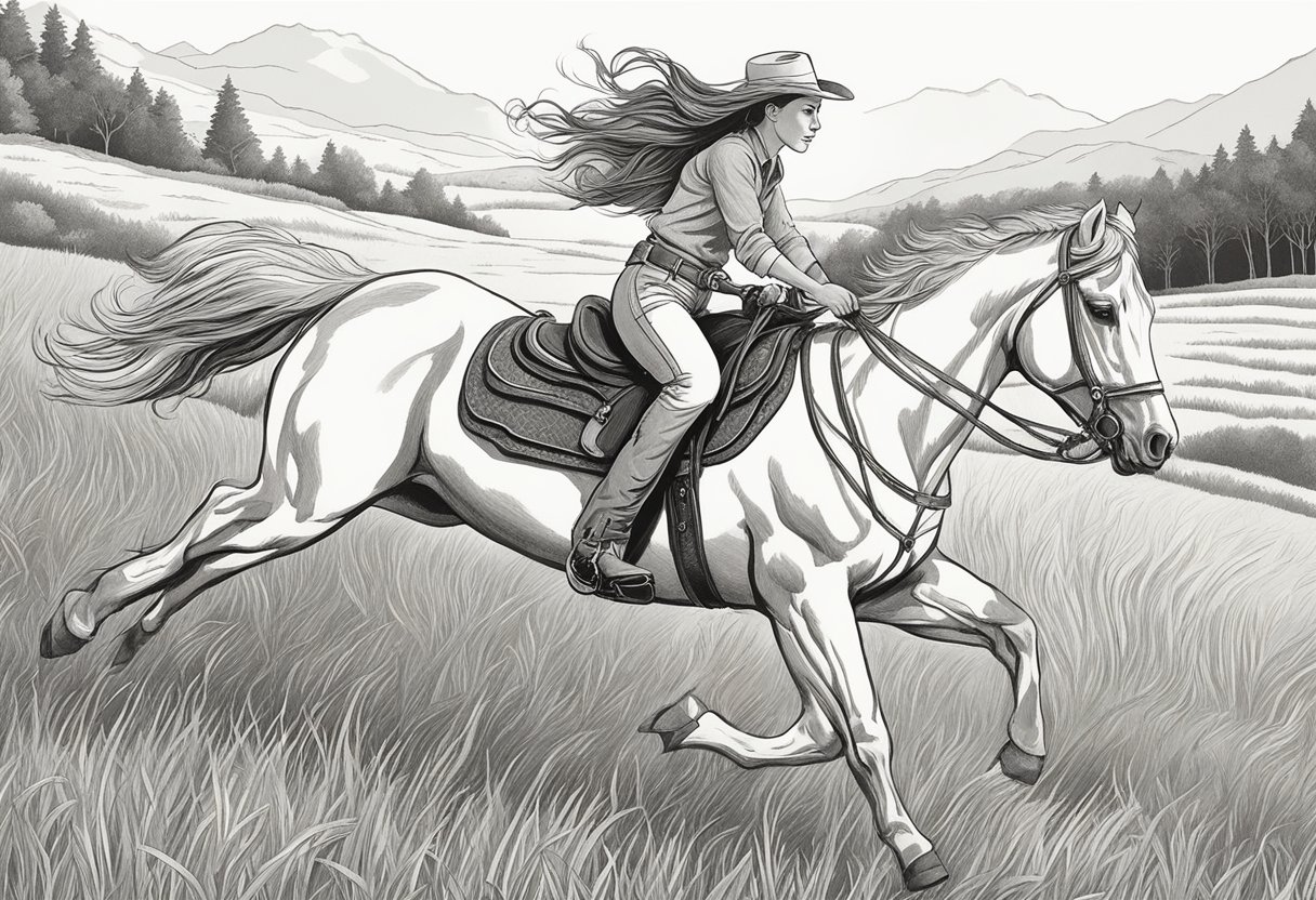A young cowgirl riding a spirited horse through a sunlit meadow, her long hair flowing behind her as she confidently guides the animal with skillful precision