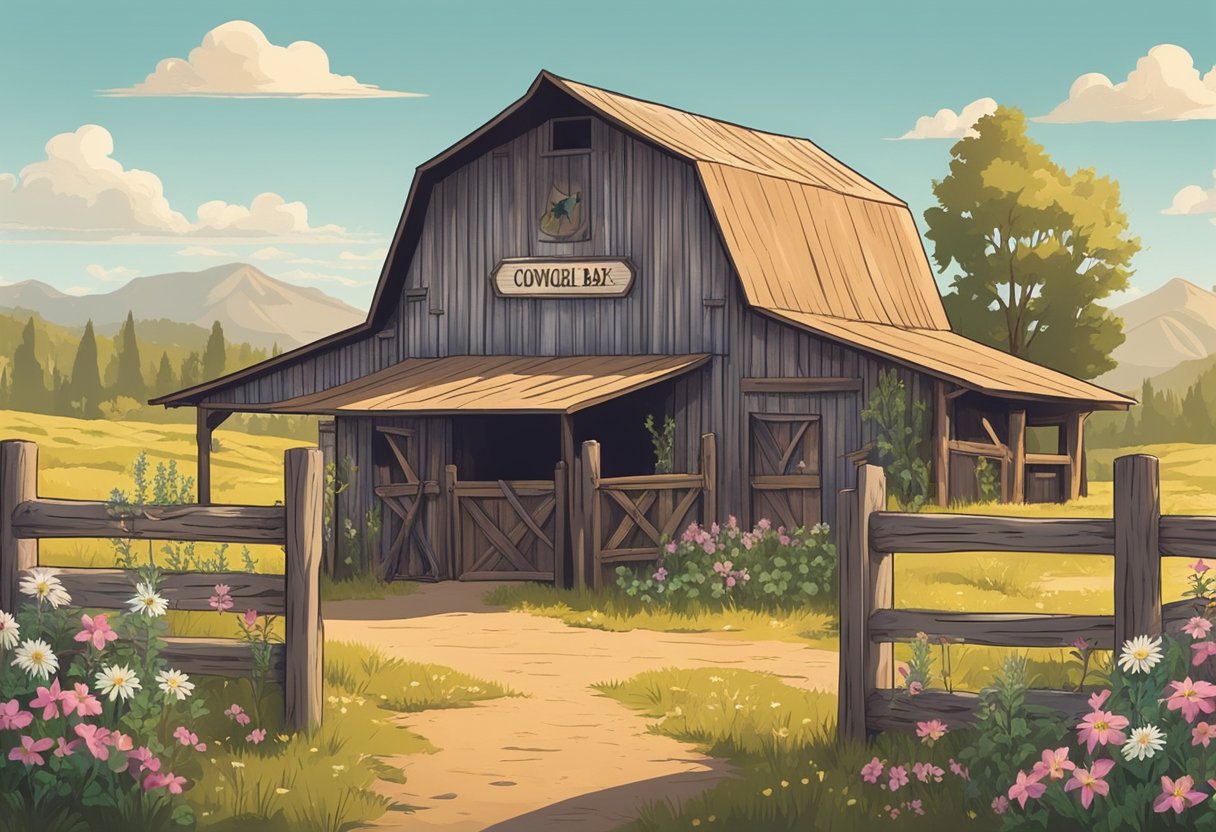 A rustic barn with a sign reading "Cowgirl Baby Names" surrounded by wildflowers and a cowboy hat resting on a wooden fence post