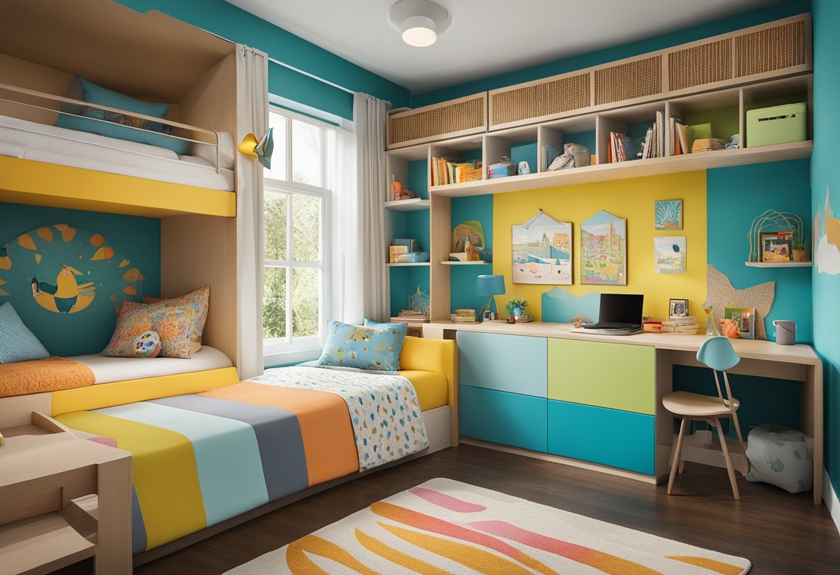 A bright, colorful bedroom with bunk beds, a cozy reading nook, and space-saving storage solutions. A playful mural on the wall adds a touch of whimsy, while a small desk provides a creative space for homework and crafts