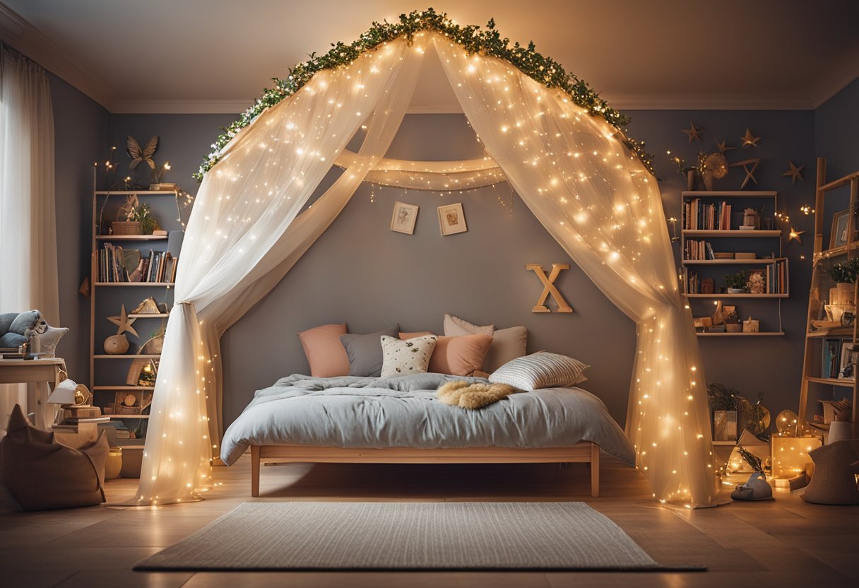 A cozy children's bedroom with twinkling fairy lights, a whimsical canopy bed, and a bookshelf filled with enchanted storybooks