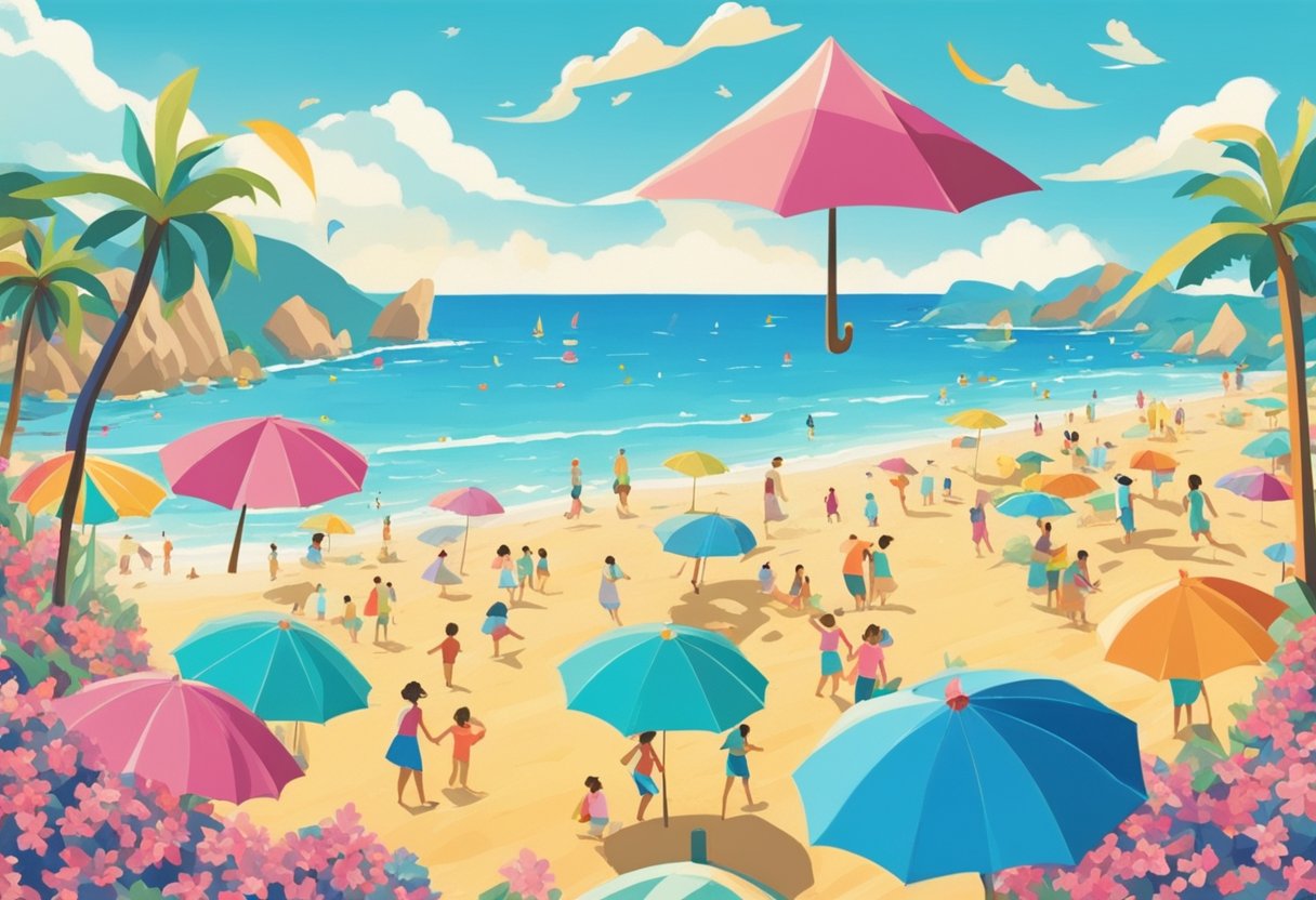 A sunny beach with colorful umbrellas and children playing in the sand, surrounded by blooming flowers and a vibrant blue sky