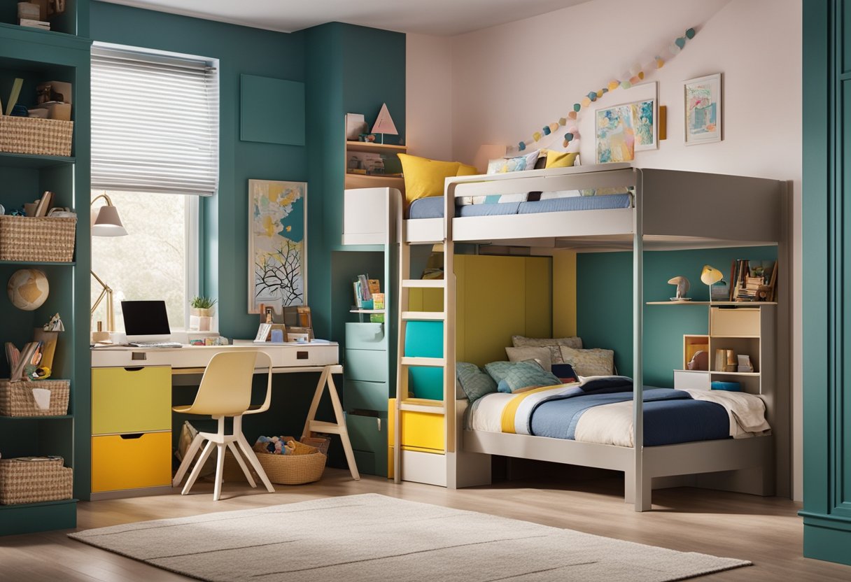 A colorful, organized children's bedroom with bunk beds, storage bins, and a cozy reading nook. Bright, playful decor and functional furniture create a fun and practical space for kids