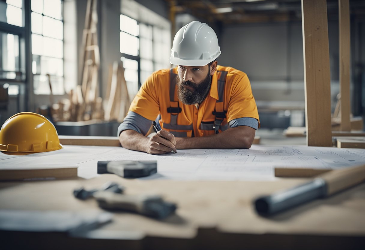 A general renovation contractor oversees a construction site, with tools and materials scattered around. Blueprints and safety signs adorn the walls