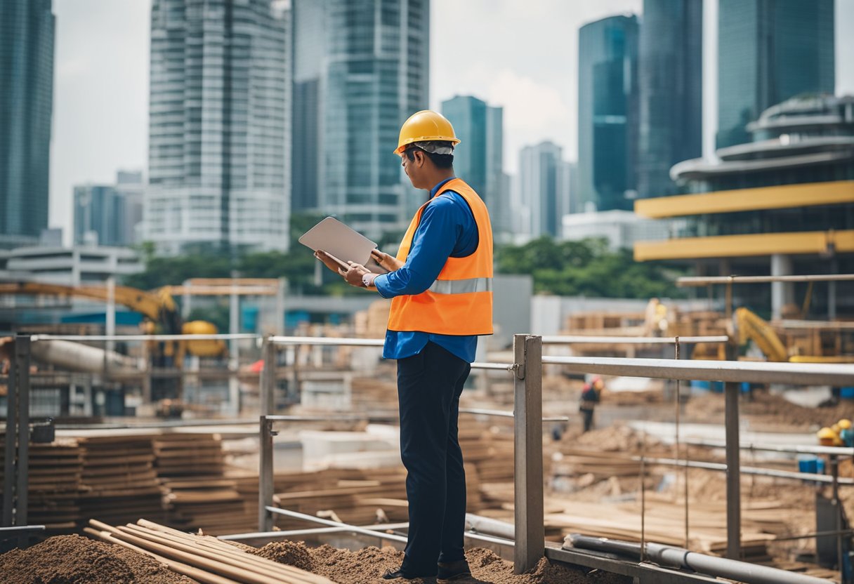 A renovation contractor in Singapore oversees a construction site, coordinating workers and inspecting progress