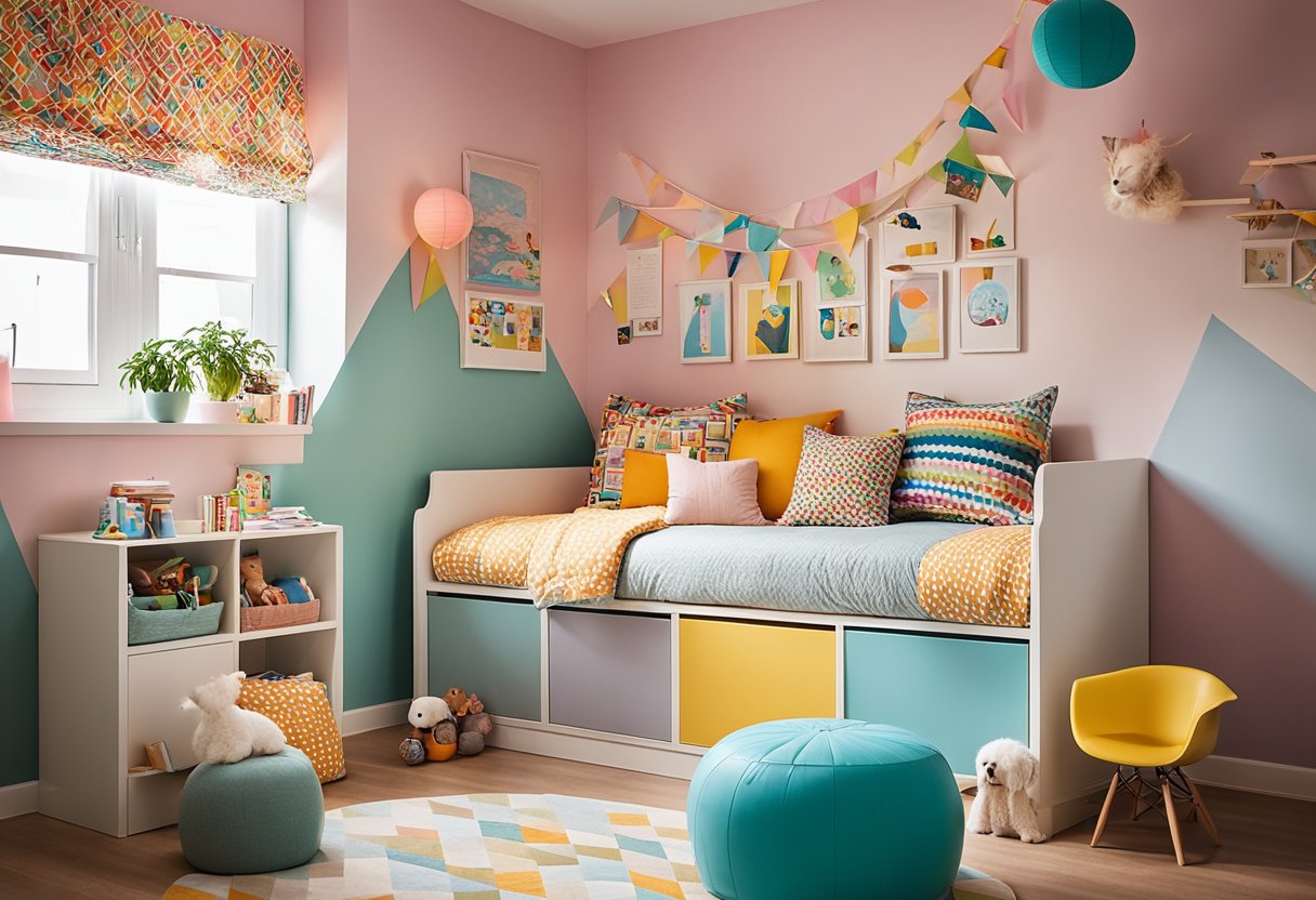 A colorful children's bedroom with playful decor, a cozy reading nook, and space-saving storage solutions. Bright, cheerful colors and whimsical patterns create a fun and inviting atmosphere