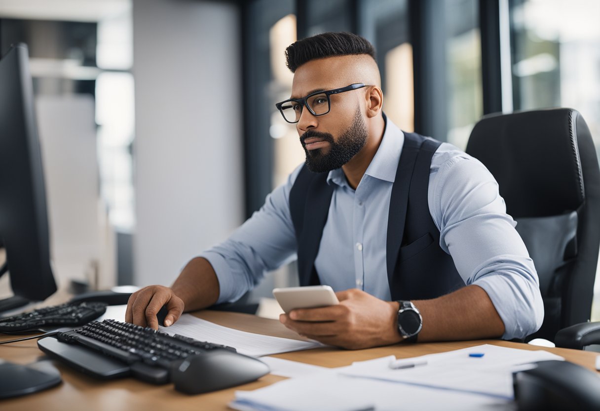 A contractor answering common questions in an office setting with a computer, phone, and paperwork on the desk