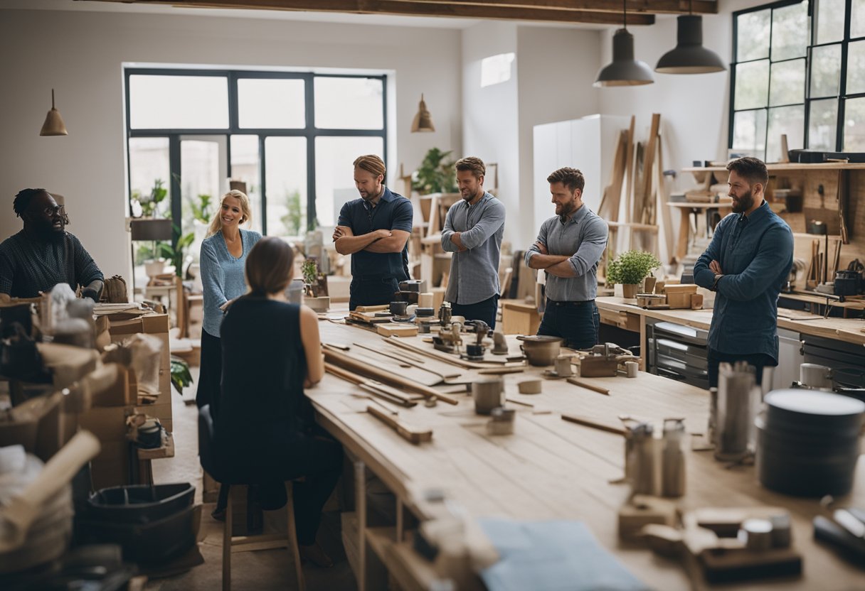 A bustling home renovation workshop with diverse clients and designers seeking advice and inspiration for their projects