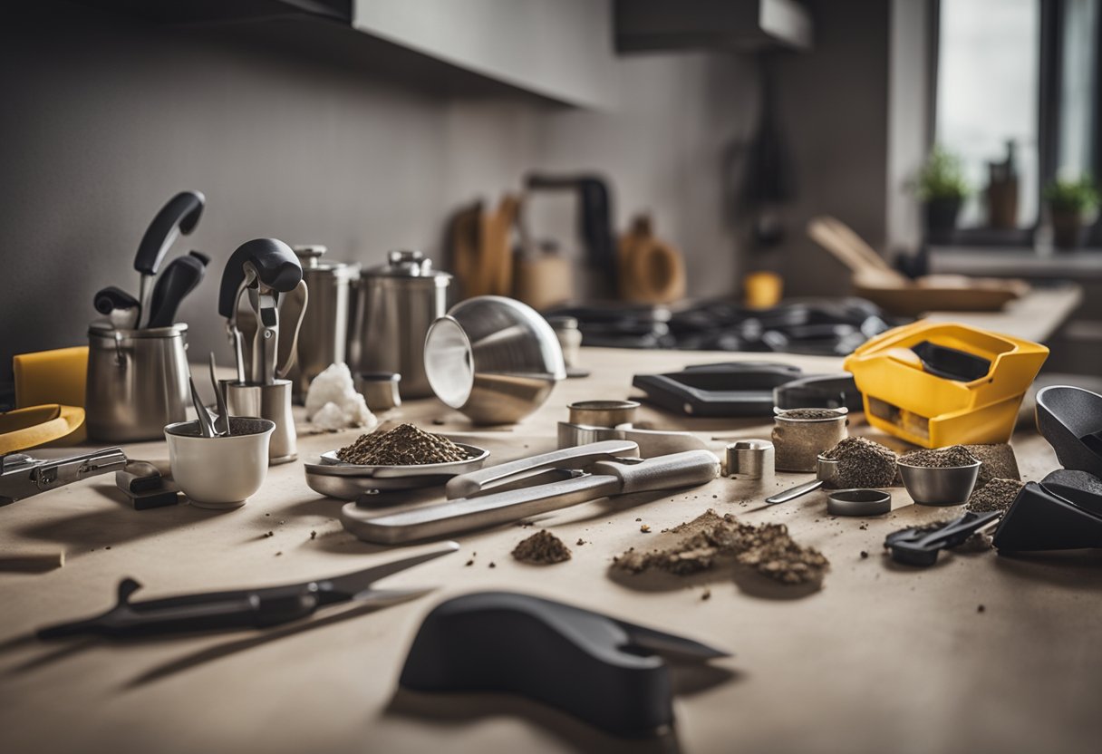 A cluttered worktop with old, chipped surfaces. Tools and materials scattered around. A fresh, clean countertop being installed