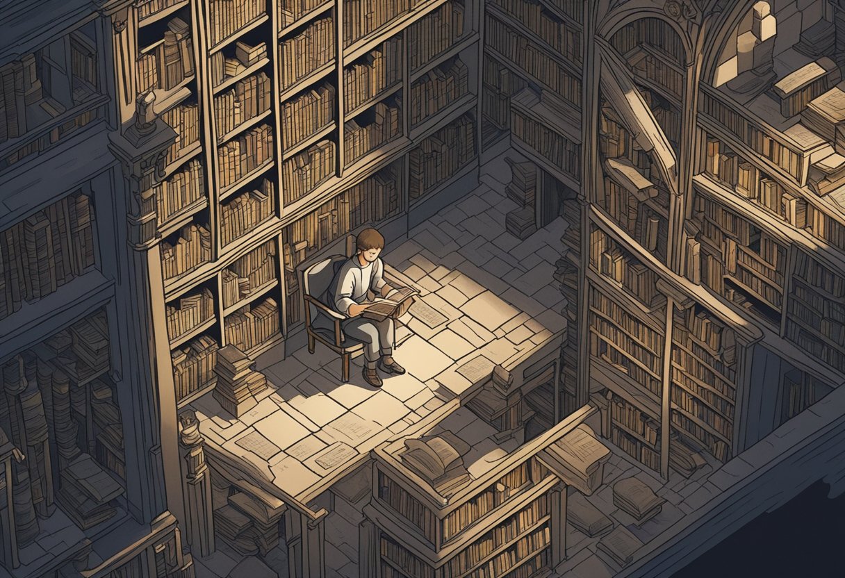 A library filled with ancient texts, a boy reading with curiosity