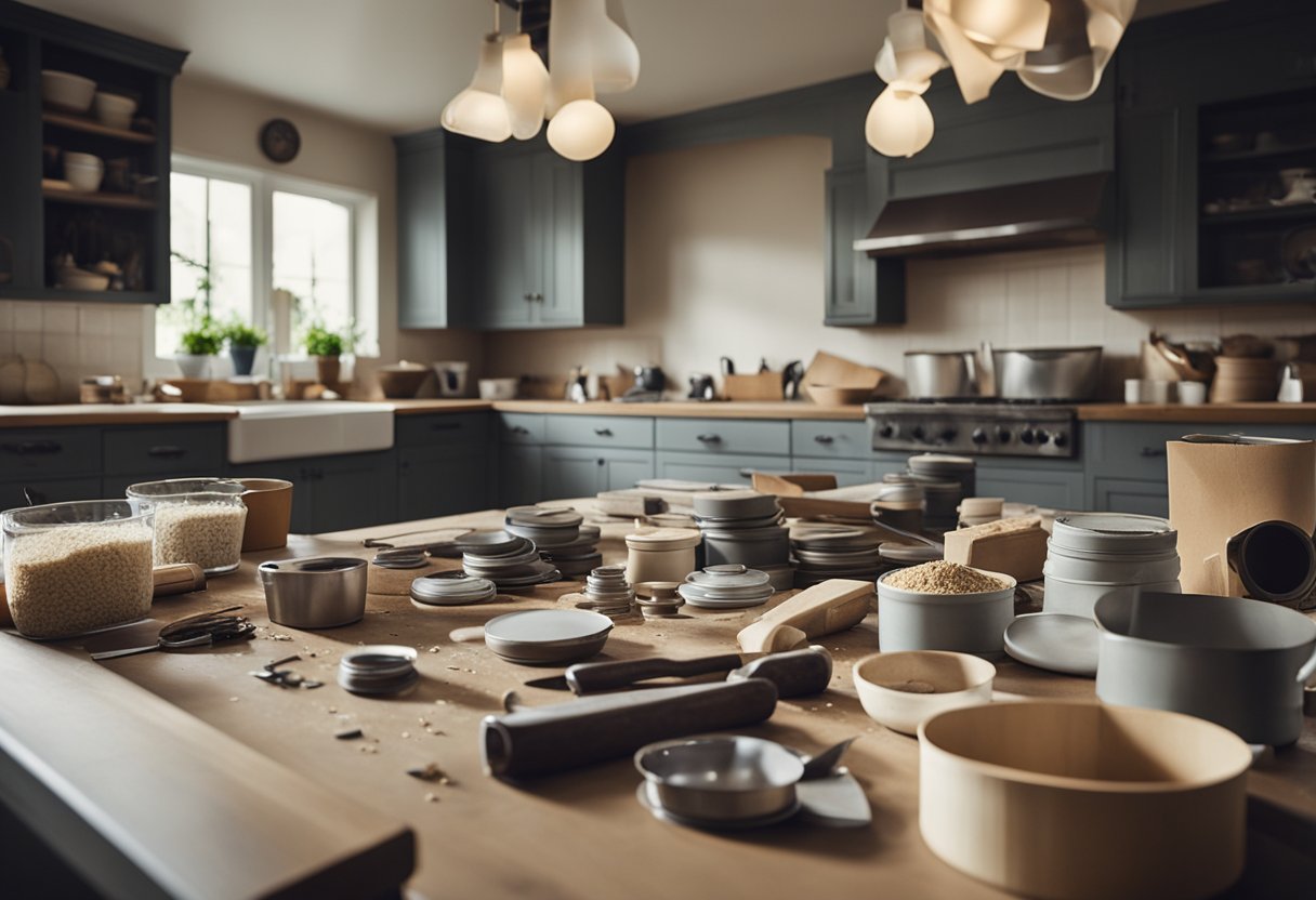 A cluttered kitchen with old, worn-out countertops. Tools and materials scattered around as plans are laid out for a renovation project