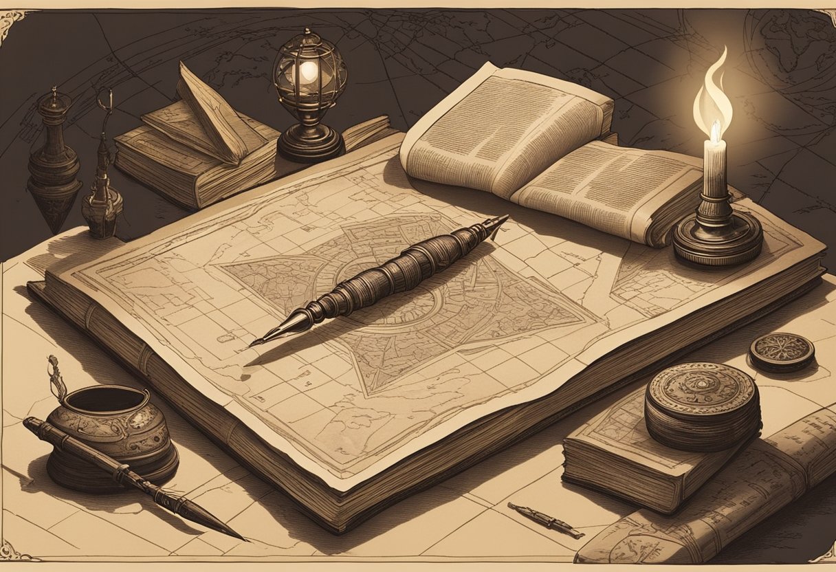 A quill pen inscribing ancient symbols on parchment, surrounded by old books and maps