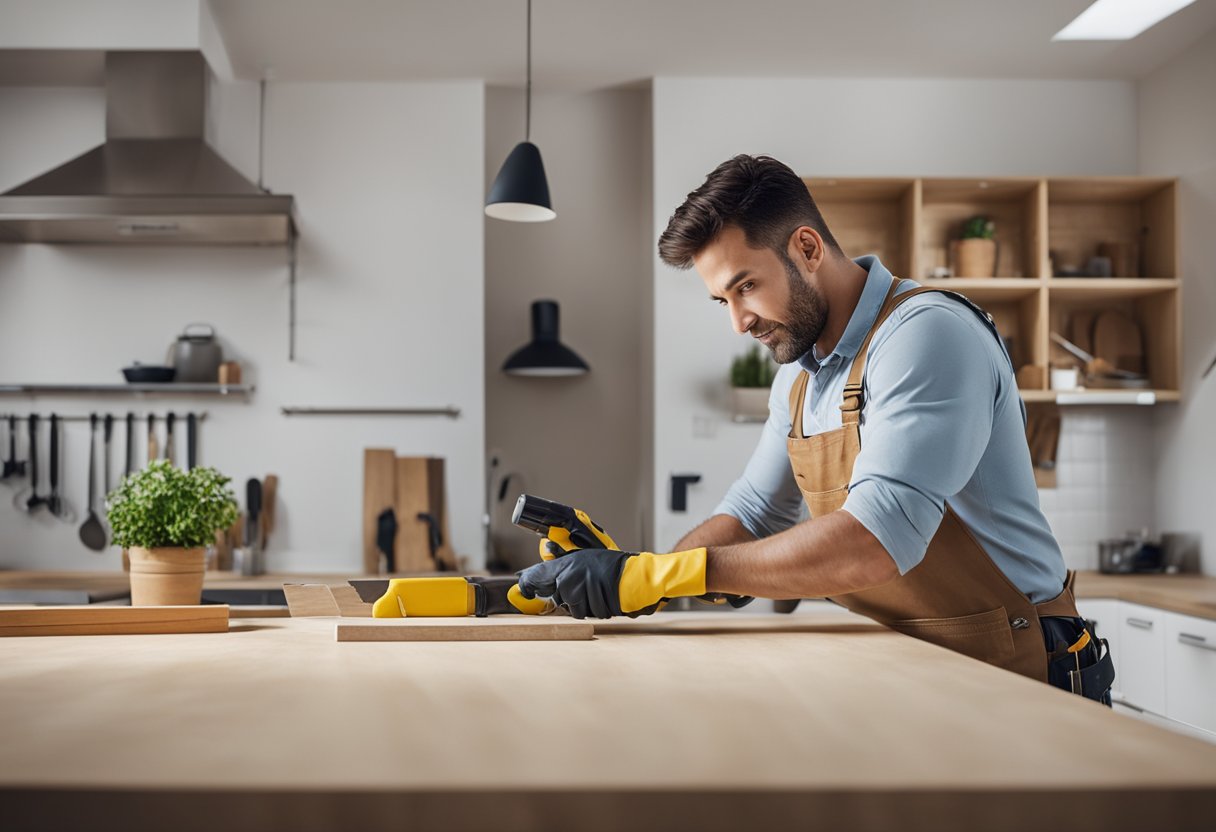 A worker is renovating a kitchen worktop, using tools and materials to complete the task