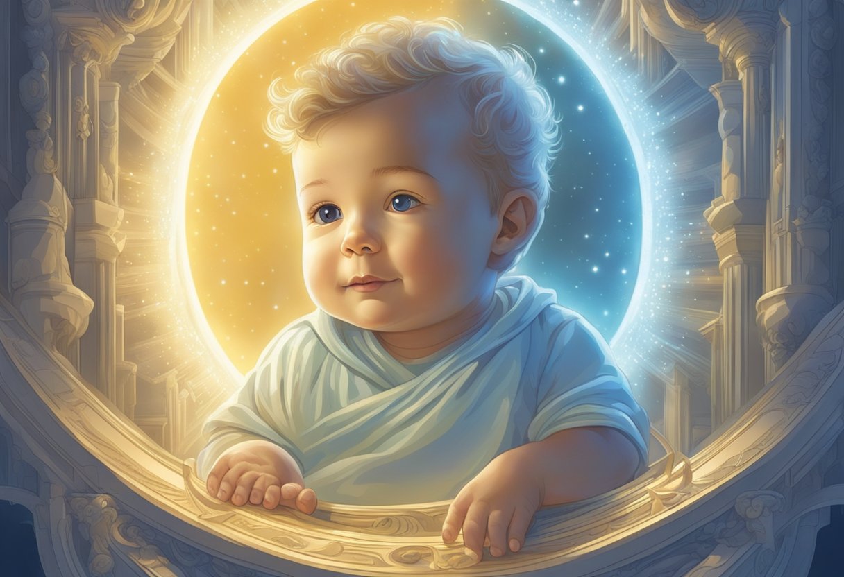 A glowing halo of light surrounds a baby boy, as celestial beings bestow upon him a name of divine significance