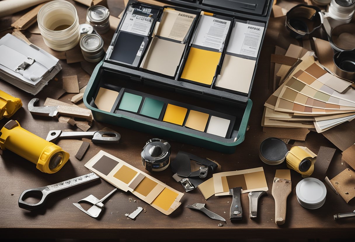 A house renovation magazine lies open on a cluttered workbench, surrounded by paint swatches, measuring tapes, and a hammer