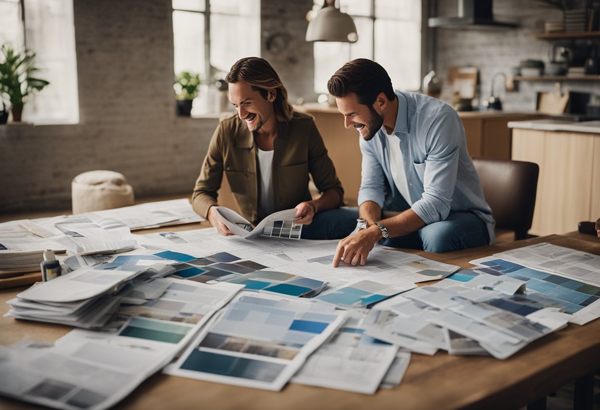 A couple sits at a table covered in renovation magazines and floor plans, discussing their dream renovation project. Blueprints and paint swatches are scattered around them as they excitedly plan their future home transformation