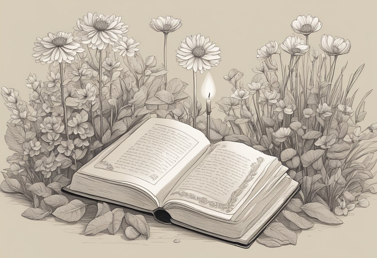 A serene garden with blooming flowers and a gentle breeze, a book of spiritual teachings open on a wooden table, a soft glow from a nearby candle