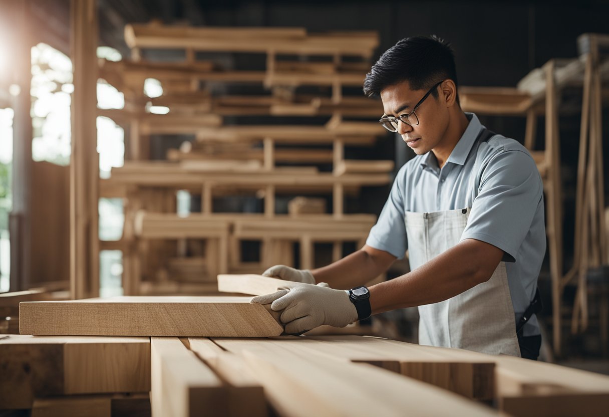 A carpenter in Singapore meticulously selects wood and materials for interior design, embodying a philosophy of thoughtful and sustainable design