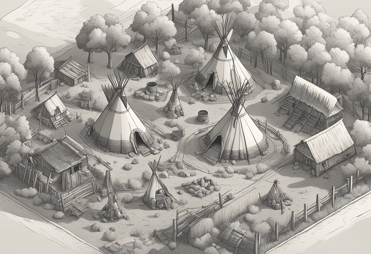 A traditional Native American village with teepees and a bonfire