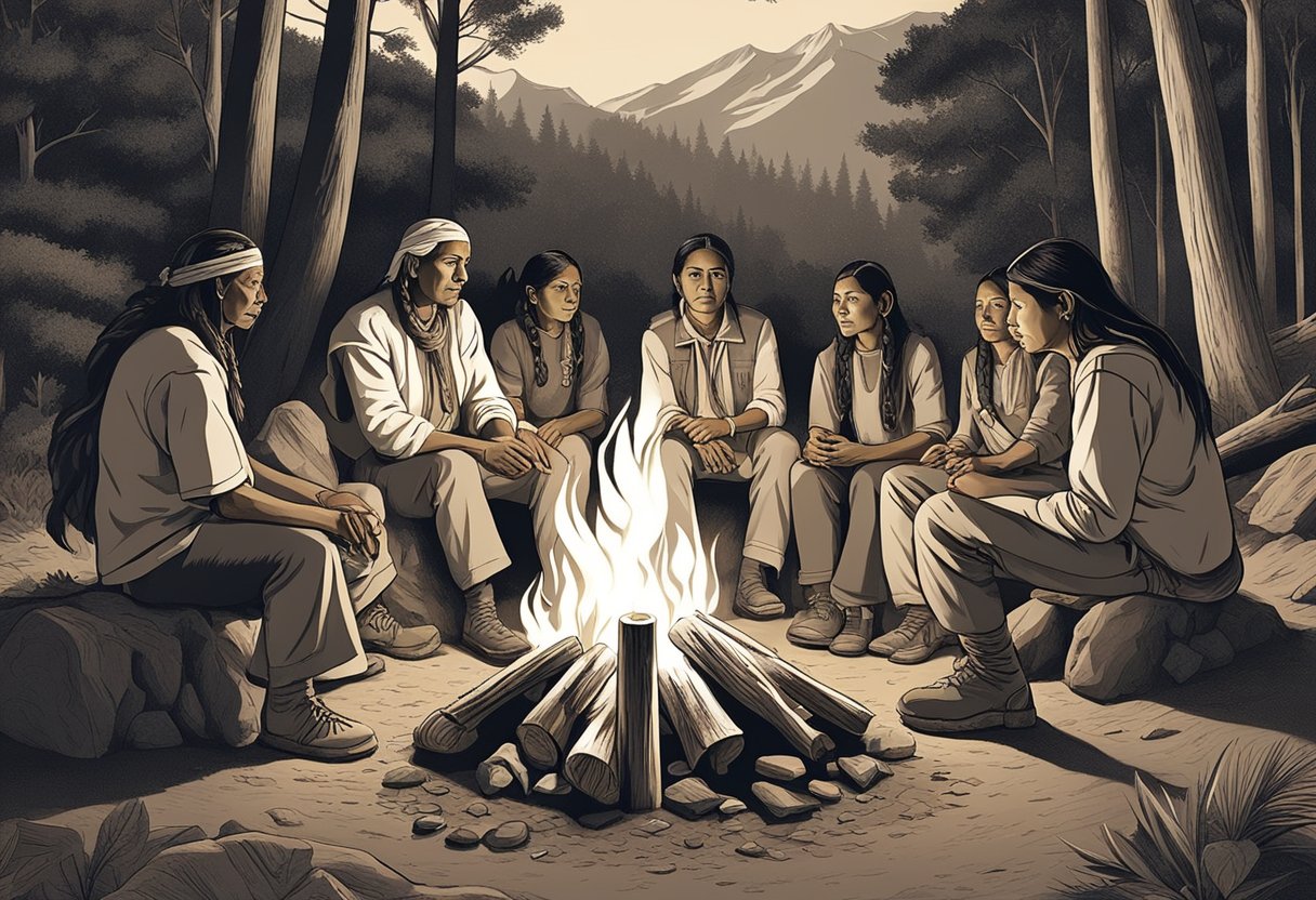 A group of Native American families gather around a campfire, sharing stories and passing down their famous last names through generations