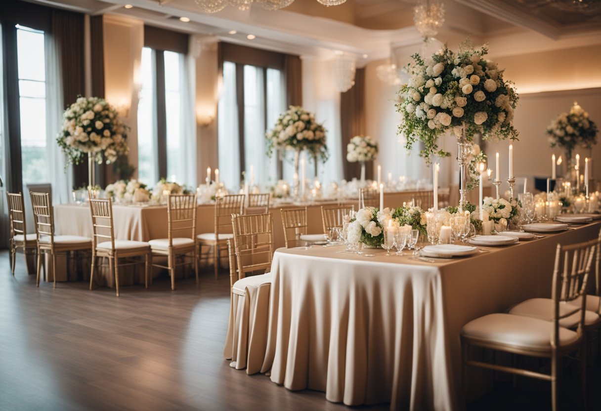 Elegant wedding furniture arranged in a cozy indoor setting with soft lighting and floral decor