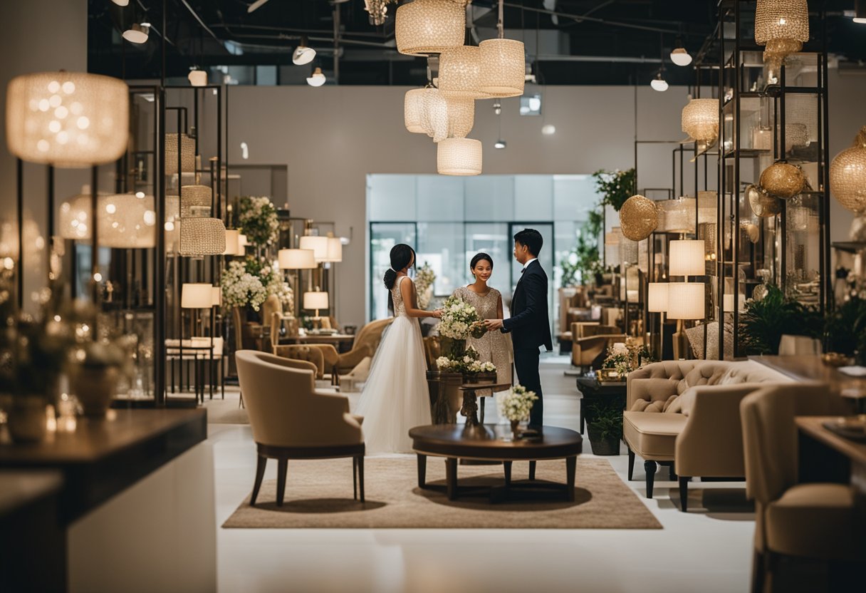 A couple browses through various wedding furniture options at a rental showroom in Singapore, examining elegant chairs, tables, and decorative pieces